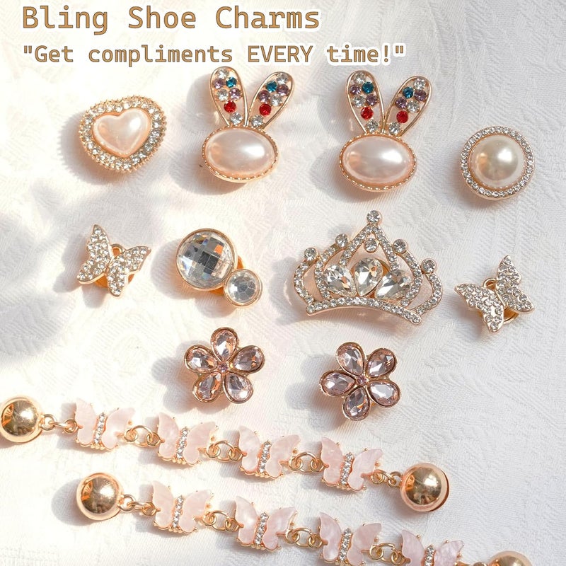 Lugailly Bling Shoe Charms for Girls and Women, Girly Gold Shoe Charms for Clog Sandals, 24 PCS Glitter Pearl Flower Shoes Decoration Bulk, Shoes Chains Pins Charm Accessories - Image 2